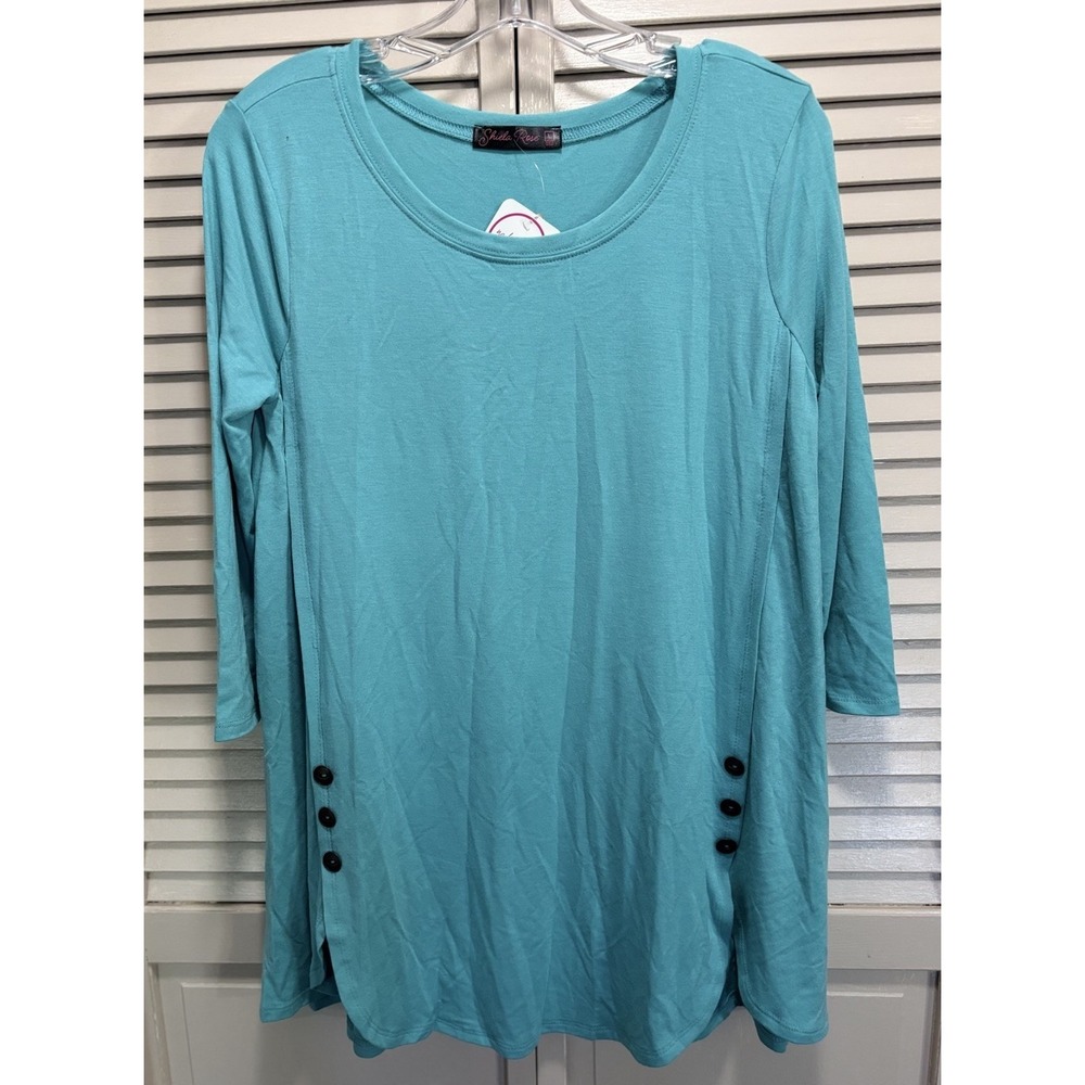 Sheila Rose Teal 3/4 Sleeve Size L Round Neck Long Tunic Top NWT Button Detail